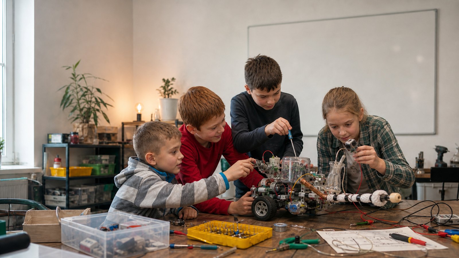 Four children adjusting wires and sensors on a handmade wheeled robot.