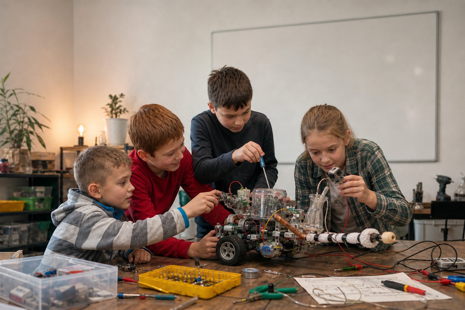 Four children adjusting wires, wheels and sensors on a handmade robot.